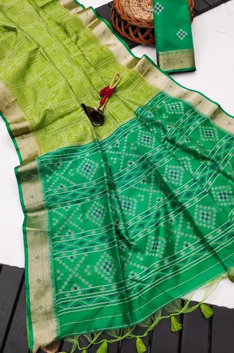 green color printed art silk saree with contrast blouse