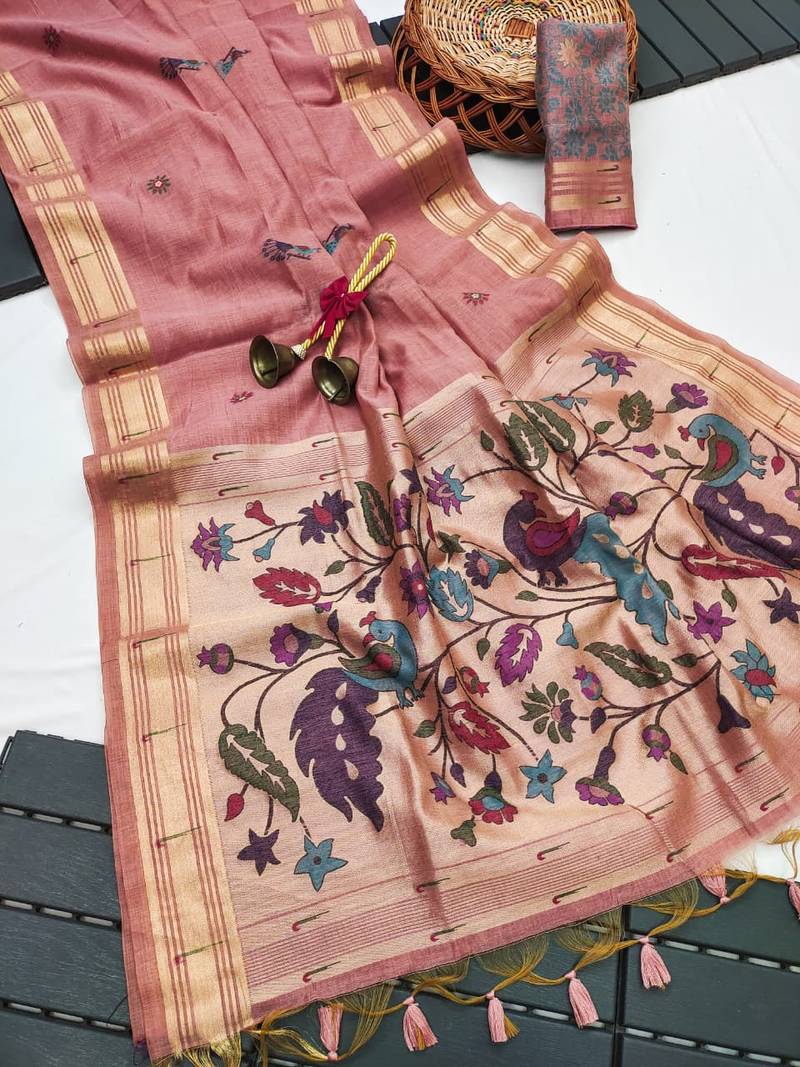 pink color printed cotton saree with blouse