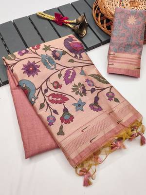 pink color printed cotton saree with blouse 2
