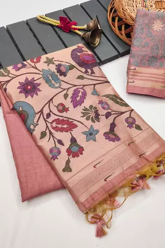 pink color printed cotton saree with blouse