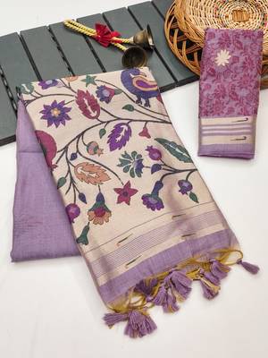 purple color printed cotton saree with blouse 1