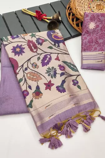 purple color printed cotton saree with blouse