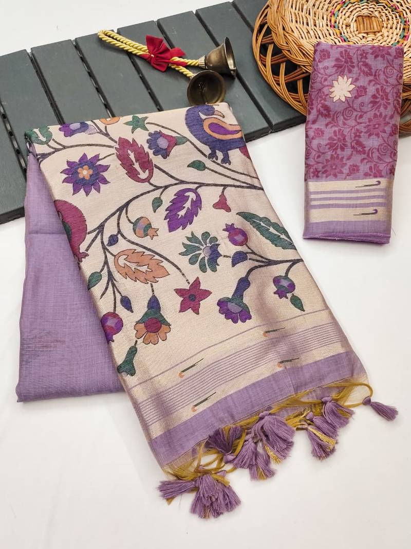 purple color printed cotton saree with blouse