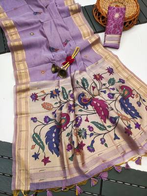 purple color printed cotton saree with blouse 2