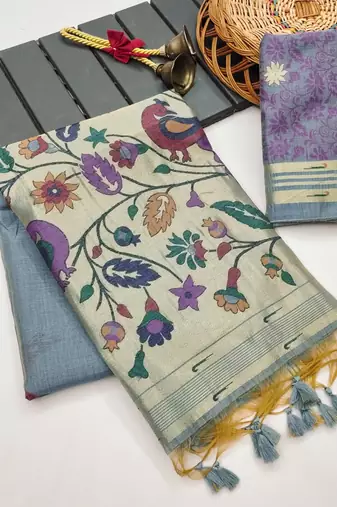 grey color printed cotton saree with blouse