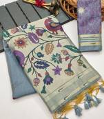 grey color printed cotton saree with blouse