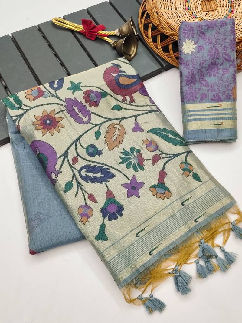 grey color printed cotton saree with blouse