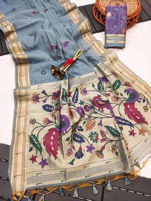 grey color printed cotton saree with blouse 2