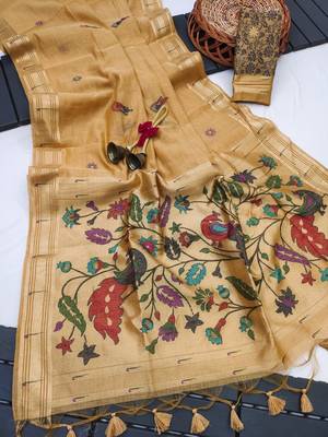 cream color printed cotton saree with blouse 1