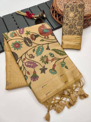 cream color printed cotton saree with blouse 2