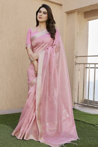pink color linen art silk saree with plain blouse