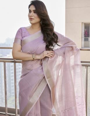 lavender color linen art silk saree with plain blouse 2