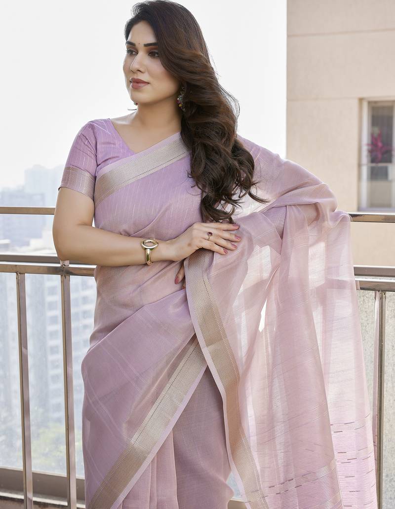 lavender color linen art silk saree with plain blouse