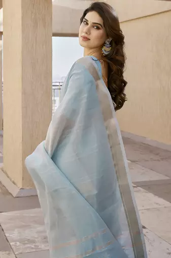 blue color linen art silk saree with plain blouse