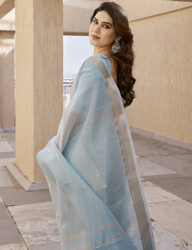 blue color linen art silk saree with plain blouse