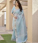blue color linen art silk saree with plain blouse