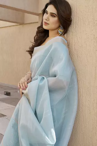 blue color linen art silk saree with plain blouse