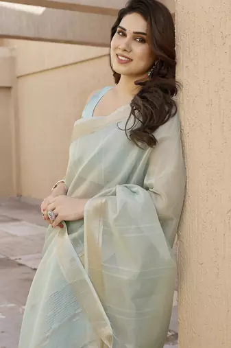 sky blue color linen art silk saree with plain blouse