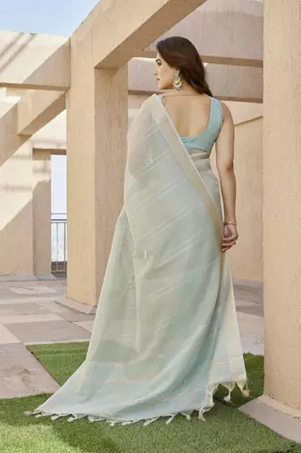 sky blue color linen art silk saree with plain blouse