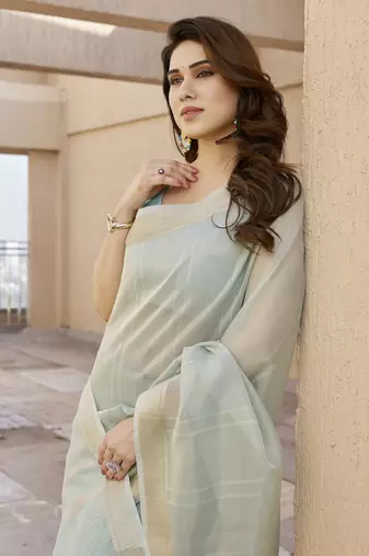 sky blue color linen art silk saree with plain blouse