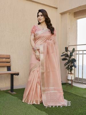 peach color linen art silk saree with plain blouse 1