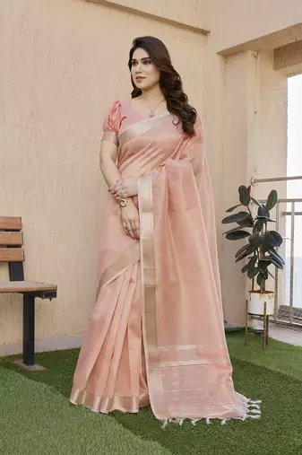 peach color linen art silk saree with plain blouse