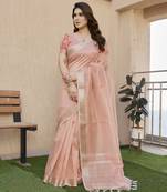 peach color linen art silk saree with plain blouse