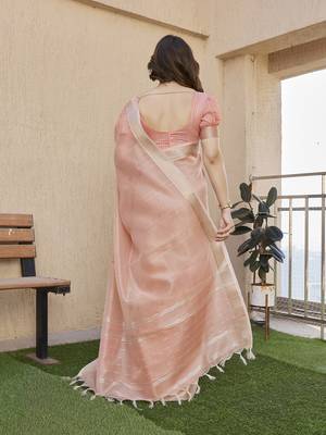 peach color linen art silk saree with plain blouse 3