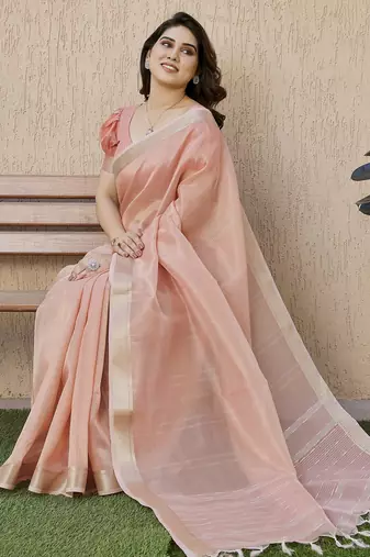 peach color linen art silk saree with plain blouse