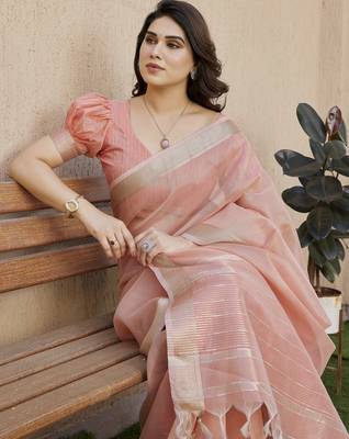 peach color linen art silk saree with plain blouse 5