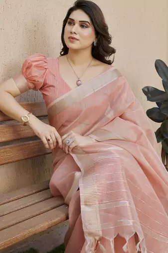 peach color linen art silk saree with plain blouse
