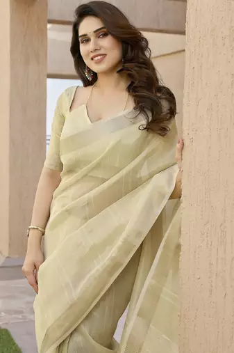 cream color linen art silk saree with plain blouse