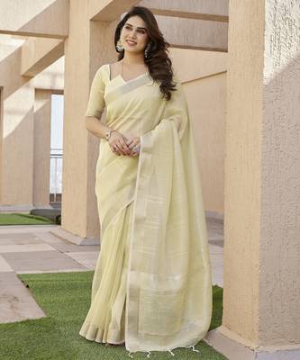 cream color linen art silk saree with plain blouse 4