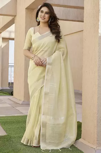 cream color linen art silk saree with plain blouse