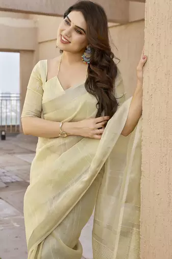 cream color linen art silk saree with plain blouse