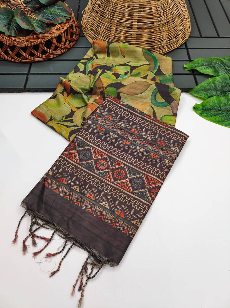 brown color tussar art silk saree with blouse