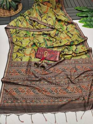 brown color tussar art silk saree with blouse 2