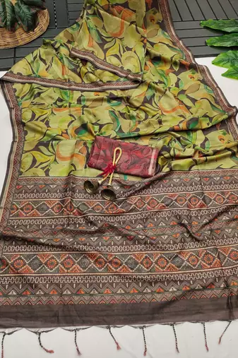 brown color tussar art silk saree with blouse
