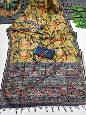  blue color tussar art silk saree with blouse 2