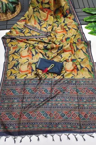  blue color tussar art silk saree with blouse