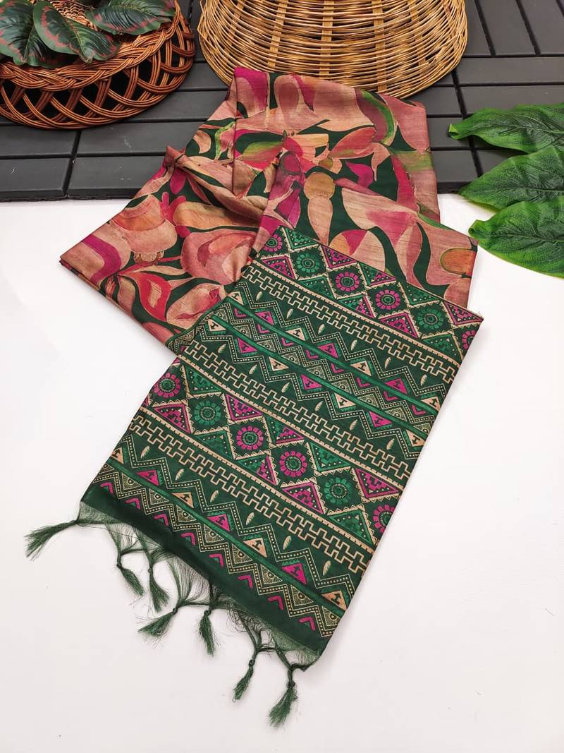 dark green color tussar art silk saree with blouse