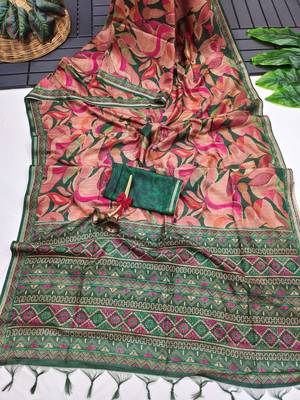 dark green color tussar art silk saree with blouse 2