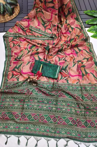 dark green color tussar art silk saree with blouse