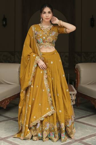 mustard embroidered vichitra lehenga choli set