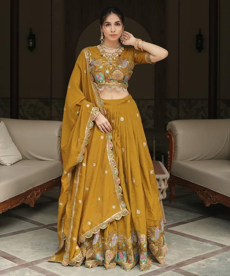 mustard embroidered vichitra lehenga choli set