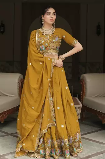mustard embroidered vichitra lehenga choli set