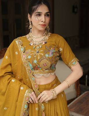 mustard embroidered vichitra lehenga choli set 3