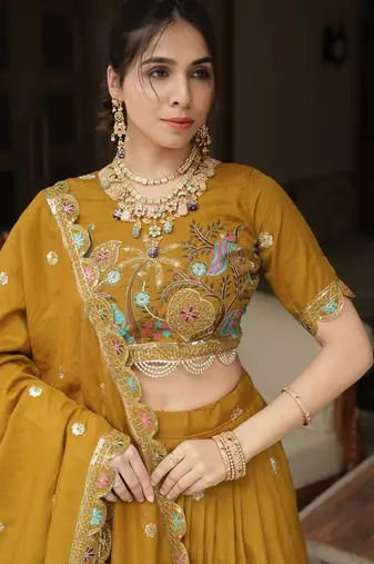 mustard embroidered vichitra lehenga choli set