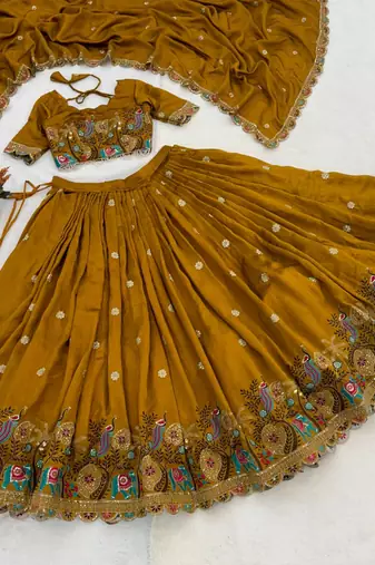 mustard embroidered vichitra lehenga choli set