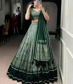 GREEN Elegant Tasar Silk Lehenga Set with Kalamkari Print & Lace Border     Includes Blouse & Tassel Dupatta